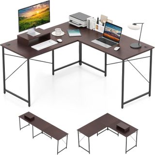Bureau D'angle En L Réversible 150x150x74cm, Support Moniteur, 3 Trous De Câble ,brun