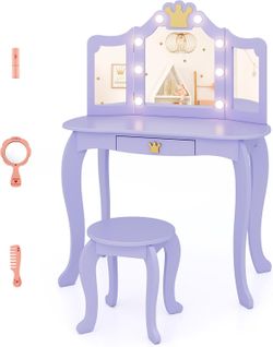 Coiffeuse Pour Enfants Avec Miroir à Trois Volets, Dessus Amovible (violet-avec Lumière)