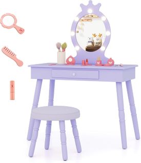 Coiffeuse Enfant Fille Avec Miroir (avec Miroir, Lumière Et Chaise )，70x34x99 Cm，violet