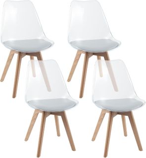Lot 4 Chaises Scandinaves Transparentes, Bois Hêtre, Siège Simili Cuir,52x47x81cm ,blanc