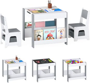 Table Enfant 4 En 1 Avec 2 Chaises Et Tableaux Réversibles, Bibliothèques, 62x62cm,gris