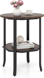 Table D'appoint Ronde 50x50x61cm, 2 Niveaux, Cadre Métal, Style Industriel ,brun Rustique