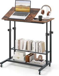 Bureau Debout Mobile 81x50x89cm, Réglable Hauteur, Plateau Inclinable, à Roulettes,brun