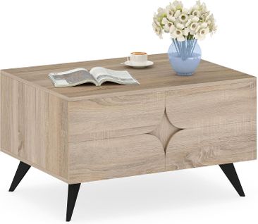 Table Basse Scandinave Style Ferme 80x60x46cm, Rangement 3 Portes, 4 Pieds Surélevés