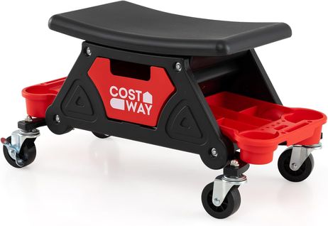 Tabouret D'atelier à Roulettes, Tiroir Coulissant Et 2 Plateaux, Charge 135kg,noir+rouge