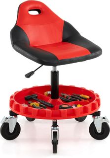 Tabouret D'atelier Roulant 71-83cm Réglable,5 Roues, Plateau Outils, Charge 150kg,noir+rouge