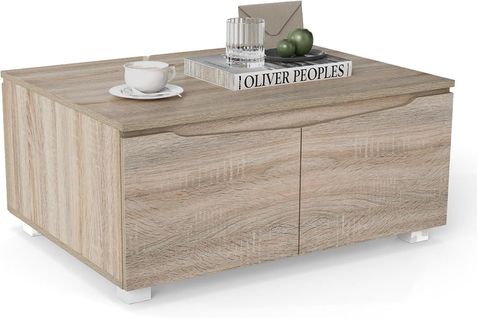 Table Basse Avec Rangement 80x60x37cm, 4 Portes à Ouverture Double, Style Moderne,chêne