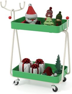 Chariot Rangement 2 Niveaux Thème Renne Noël, Cadre Métal, Roues, 55.5x28.5x66.5cm ,vert