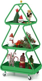 Chariot Rangement 3 Niveaux Thème Renne Noël, Cadre Métal, Roues, 50x31.5x102cm ,vert