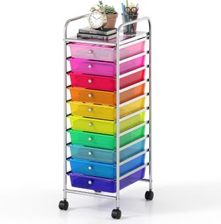 Chariot Rangement 10 Tiroirs, Cadre Métal Chromé, Roues Verrouillables, 39x32x97cm