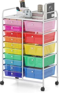 Chariot De Rangement à Roulettes à 15 Tiroirs,cadre Métallique Chromé,62 X 39 X 97 Cm
