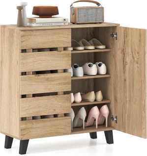 Meuble à Chaussure à 4 Niveaux, 3 Étagères Amovibles Et Portes, 16 Paires, Naturel