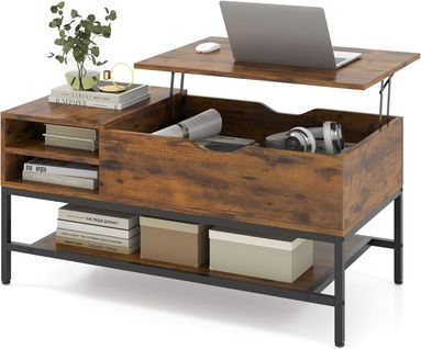 Table Basse Plateau Relevable 99.5x49.5x47.5cm, Rangement Caché, Métal ,marron Rustique