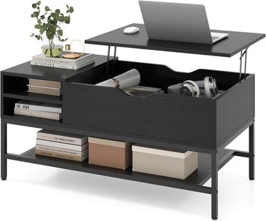 Table Basse Plateau Relevable 99.5x49.5cm, Rangement Caché, Mécanisme Levage, Métal ,noir