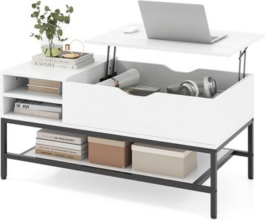 Table Basse Plateau Relevable 99.5x49.5cm, Rangement Caché, Mécanisme Levage, Métal ,blanc