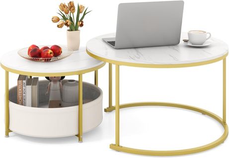 Lot 2 Tables Gigognes Rondes 80+60cm, Effet Marbre, Panier Tissu, Métal ,blanc+doré