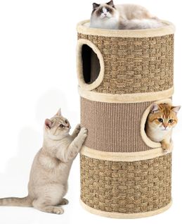 Tonneau Griffoir Chat 36x36x70cm 3 Étages, Sisal, 3 Condos, Coussin, 3 Entrées ,jaune Brun