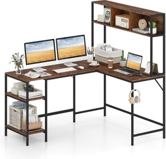 Bureau D'angle En L 150x120cm, Bibliothèque, Étagères Ouvertes, Crochet ，marron Rustique