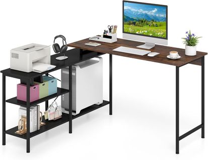 Bureau Angle Réversible 135x120cm, Étagères Rangement, Style Industriel ,brun Rustique