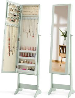 Armoire à Bijoux Sur Pied 35x30x144cm, Miroir Psyché, 3 Positions Réglables ,vert Clair