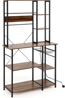 Étagère Cuisine Bois 9 Niveaux, Multiprise, 12 Crochets, 99x40x170cm ,marron Rustique