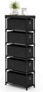 Commode Tissu Étroit 5 Tiroirs, Plateau Bois, Cadre Métal, Design Compact ,40x19x100cm ,noir