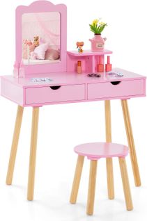 Coiffeuse Enfant 2 En 1 Avec Miroir Et Tabouret, 2 Tiroirs, Charge 20/40kg, 3-7 Ans ,rose