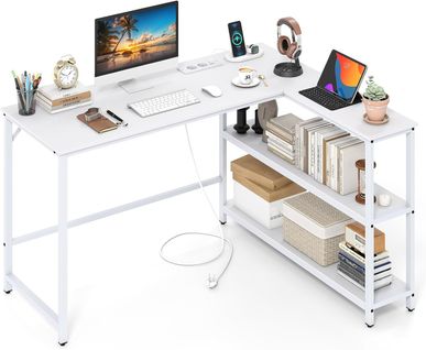 Bureau Angle En L, Table D’ordinateur Avec Station De Charge, Étagères De Rangement Ouvertes,blanc