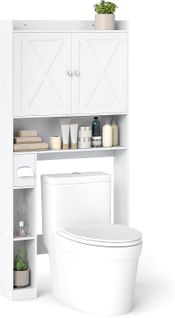 Meuble Toilette Étagère Wc, Double Porte, Étagère Réglable, Porte-papier Toilette (blanc)