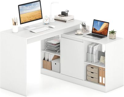 Bureau D'ordinateur En Forme De L,bureau D'angle Réversible Avec Armoire à 4 Compartiments,blanc