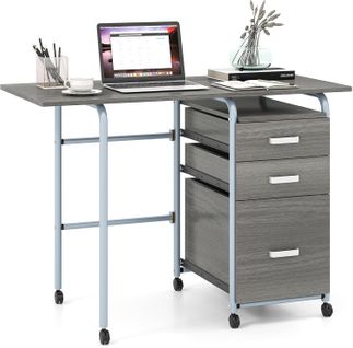 Bureau Pliable Avec 3 Tiroirs,table D'écriture Roues Verrouillables,bureau à Domicile Roulant(gris)