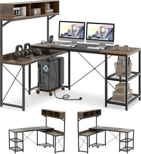Bureau D'ordinateur En Forme De L Avec Prises Électriques, Table D'angle Réversible Avec Étagère