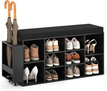 Banc Chaussures Entrée Avec Porte-parapluie,banc De Rangement Avec Coussin, 10 Compartiments(noir)