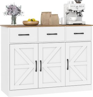Buffet Salle à Manger,meuble De Cuisine Bas,3 Tiroirs,3 Portes,étagères Réglables(blanc)
