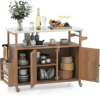 Chariot D'extérieur En Bois Avec 2 Plateaux, Meuble De Préparation Bbq Avec Roulettes Verrouillables