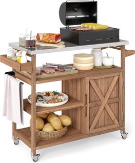 Chariot D'extérieur En Bois Avec Rangement, Meuble De Préparation Bbq Avec Plateau 3 Étagères