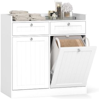 Meuble Salle De Bain Avec Panier Rabattable,meuble Panier à Linge Intégré Avec 2 Tiroirs(79x40x80cm)