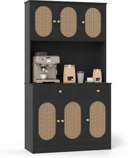 Armoire De Rangement,buffet Avec Vitrine,station De Recharge,6 Portes En Rotin,2 Tiroirs(noir)