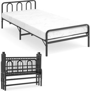 Cadre De Lit Pliant Avec Matelas 90 X 200 Cm, Lit Pliable Portable Avec Tête Et Pied De Lit,noir