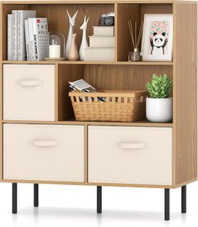 Bibliothèque 6 Cubes, Étagère 3 Niveaux, 3 Tiroirs Pliables Amovibles En Tissu (naturel)