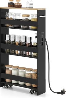 Chariot De Rangement Roulant 13 Cm, Mltiprise Avec Ports USB, Desserte De Cuisine (noir + Naturel)