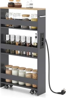 Chariot De Rangement Roulant 13 Cm, Mltiprise Avec Ports USB, Desserte De Cuisine (gris + Naturel)