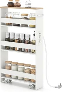 Chariot De Rangement Roulant 13 Cm, Mltiprise Avec Ports USB, Desserte De Cuisine (blanc + Naturel)