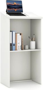 Podium Debout En Bois, Pupitre 117 Cm, Surface Inclinée Avec Rebord, Lutrin Avec Étagère(blanc)