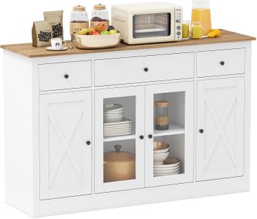 Buffet,meuble De Cuisine Avec 3 Tiroirs,2 Portes Vitrées,étagères Réglables,140x40x90cm,blanc