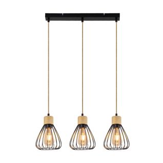Suspension  Lampe Suspension Vintage Pour Salon Industrielle Rétro En Bois Métal Noir 3 Flammes E27