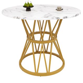 Table à Manger Ronde 4 Personnes 100×100×76cm Pieds Métal Plateau Marbre Cuisine Doré