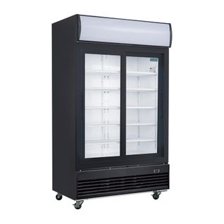 Frigo Professionnel Vitré Noir 2 Portes Coulissantes Avec Caisson Lumineux Série G 950l -