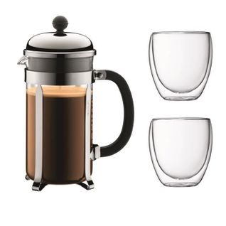 Chambord Set Cafetière à Piston - 8 Tasses - 1l - Gris - Avec 2 Verres Double Paroi Pavina 0,35l
