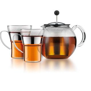Théière à Piston - Assam Set - 1.0 L Avec Couvercle, Filtre Inox + 2 Tasses Verre Anse Inox 0.35 L